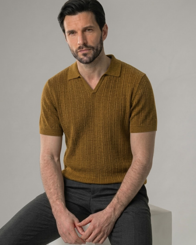 Men’s Ribbed Polo Shirt – Open Collar & Short Sleeve
