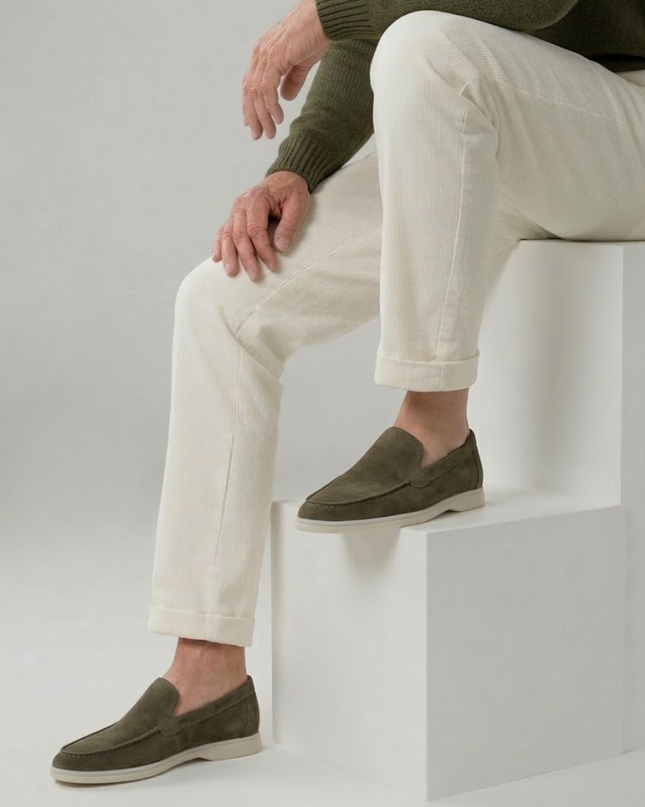 Men’s Slip-On Loafers – Stitched Detail & White Sole