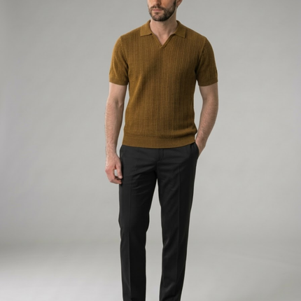 Men’s Ribbed Polo Shirt – Open Collar & Short Sleeve