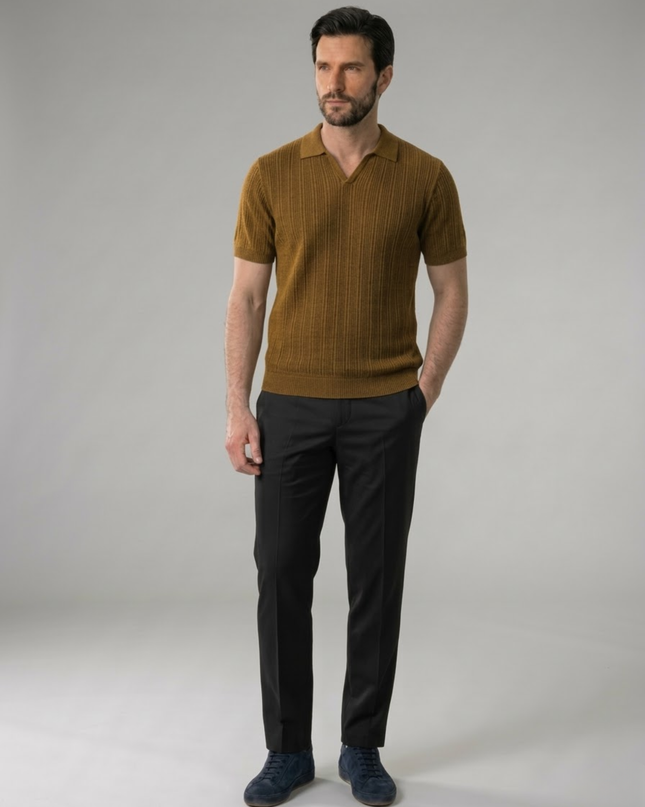 Men’s Ribbed Polo Shirt – Open Collar & Short Sleeve