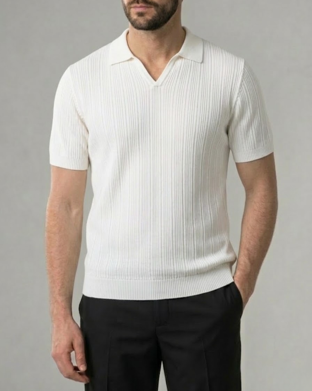 Men’s Ribbed Polo Shirt – Open Collar & Short Sleeve