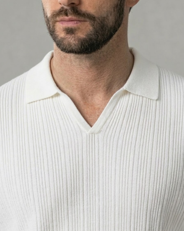 Men’s Ribbed Polo Shirt – Open Collar & Short Sleeve