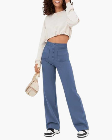 High Waist Palazzo Pants for Women with Button Placket – Stylish & Comfortable