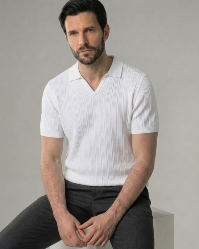 Men’s Ribbed Polo Shirt – Open Collar & Short Sleeve