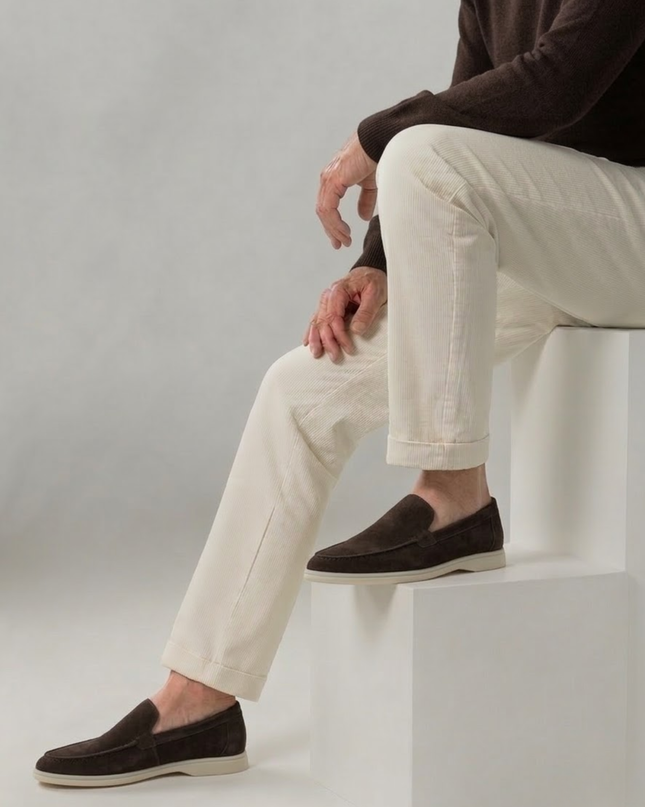 Men’s Slip-On Loafers – Stitched Detail & White Sole