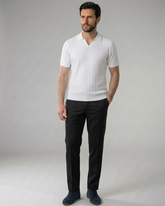 Men’s Ribbed Polo Shirt – Open Collar & Short Sleeve