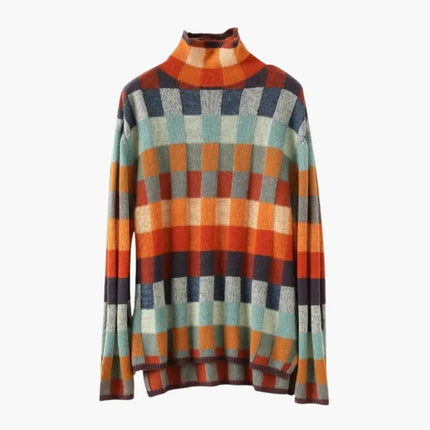 Women's Checkered Knit Turtleneck Sweater with Relaxed Fit