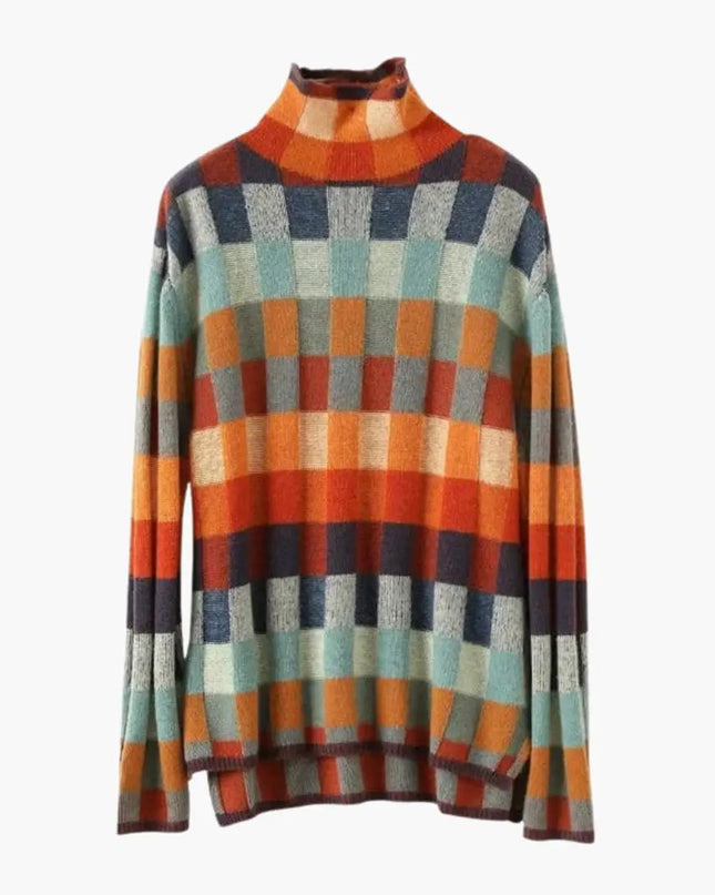 Women's Checkered Knit Turtleneck Sweater with Relaxed Fit