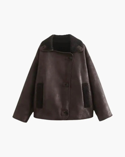 Elegant Women's Leather Jacket in Brown – Warm and Long-Sleeved