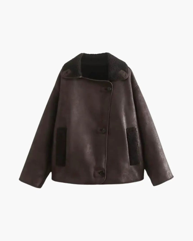 Elegant Women's Leather Jacket in Brown – Warm and Long-Sleeved