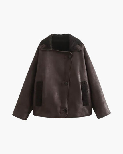 Elegant Women's Leather Jacket in Brown – Warm and Long-Sleeved