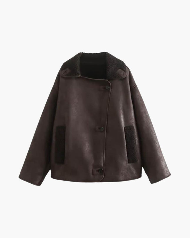 Elegant Women's Leather Jacket in Brown – Warm and Long-Sleeved