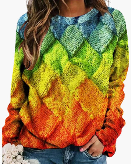 Women's Sweater with Colorful Patchwork and Round Neck