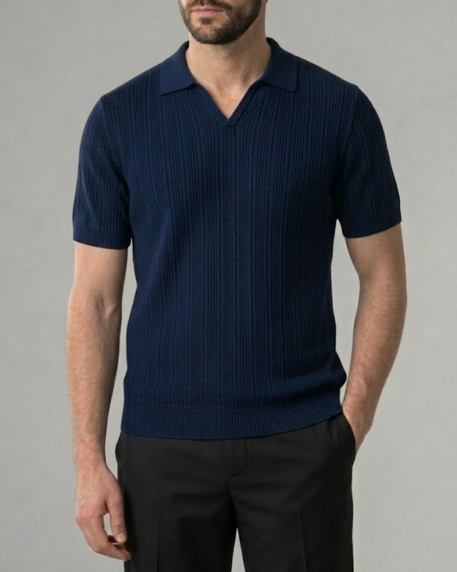 Men’s Ribbed Polo Shirt – Open Collar & Short Sleeve