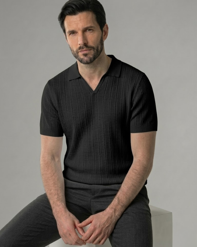 Men’s Ribbed Polo Shirt – Open Collar & Short Sleeve