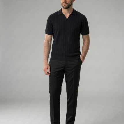 Men’s Ribbed Polo Shirt – Open Collar & Short Sleeve