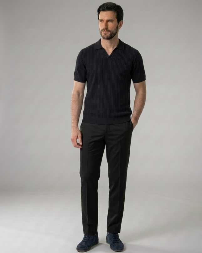 Men’s Ribbed Polo Shirt – Open Collar & Short Sleeve