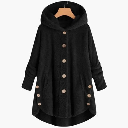 Women's Hooded Jacket with Button Closure and Rounded Hem