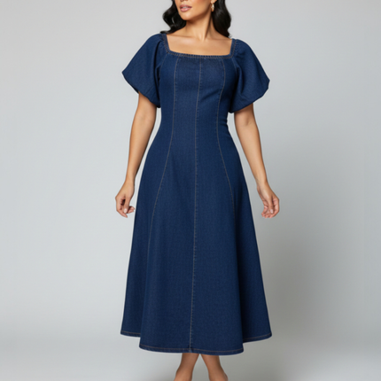 Harper | Denim Midi Dress with Square Neckline
