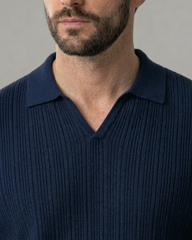 Men’s Ribbed Polo Shirt – Open Collar & Short Sleeve