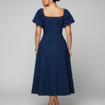 Harper | Denim Midi Dress with Square Neckline