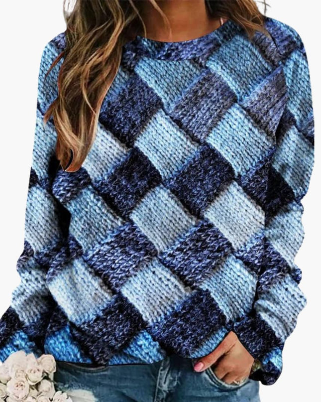 Women's Sweater with Colorful Patchwork and Round Neck