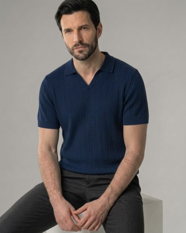 Men’s Ribbed Polo Shirt – Open Collar & Short Sleeve