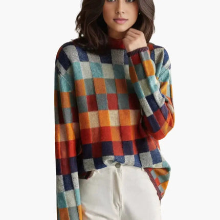 Women's Checkered Knit Turtleneck Sweater with Relaxed Fit