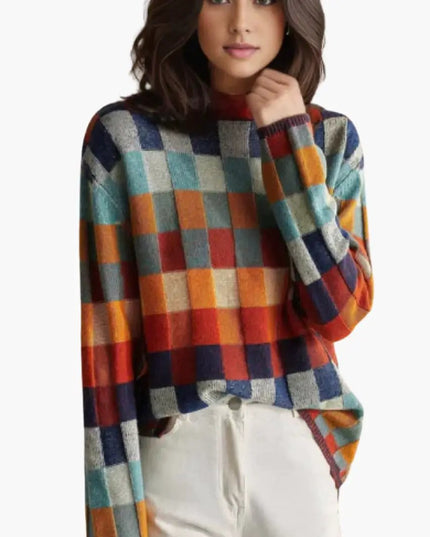 Women's Checkered Knit Turtleneck Sweater with Relaxed Fit