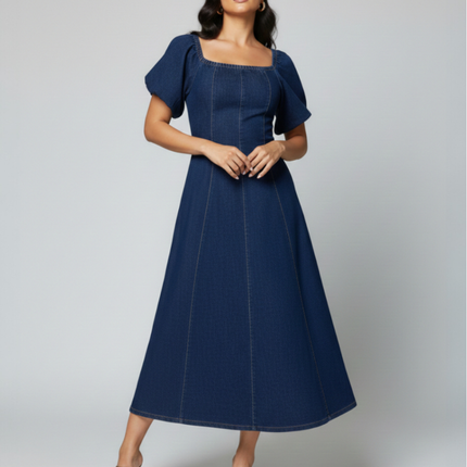 Harper | Denim Midi Dress with Square Neckline
