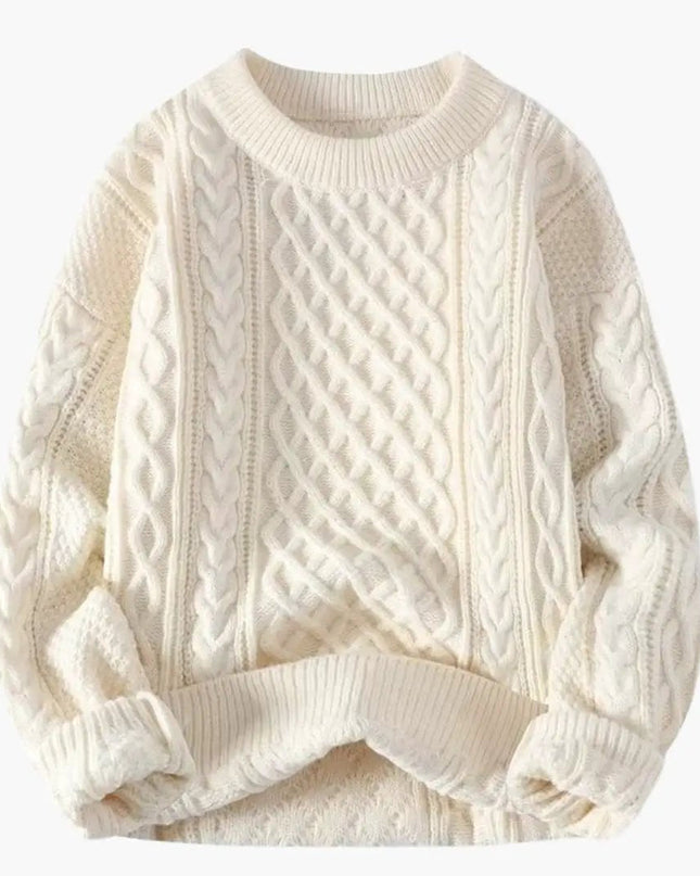 Women's Sweater with Round Neck and Cable Knit Surface