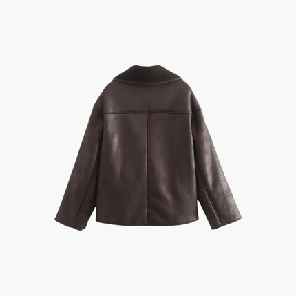 Elegant Women's Leather Jacket in Brown – Warm and Long-Sleeved