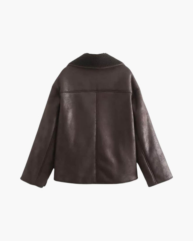 Elegant Women's Leather Jacket in Brown – Warm and Long-Sleeved