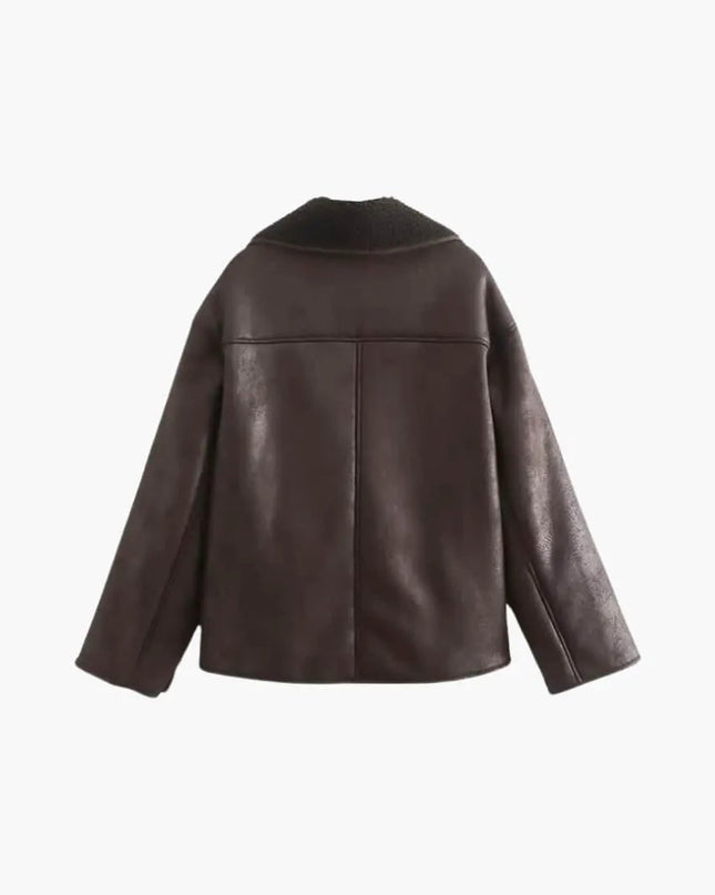 Elegant Women's Leather Jacket in Brown – Warm and Long-Sleeved