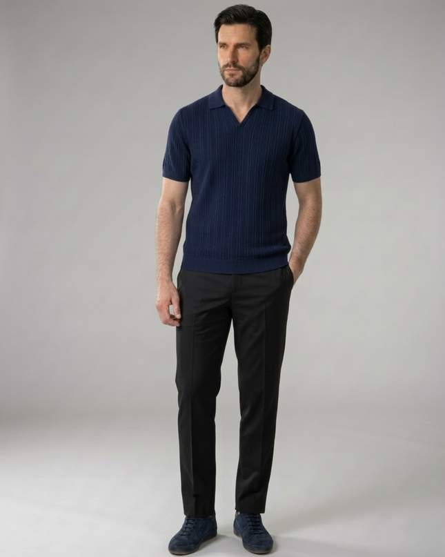 Men’s Ribbed Polo Shirt – Open Collar & Short Sleeve