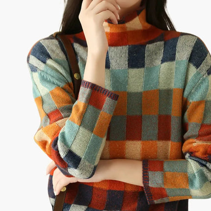 Women's Checkered Knit Turtleneck Sweater with Relaxed Fit