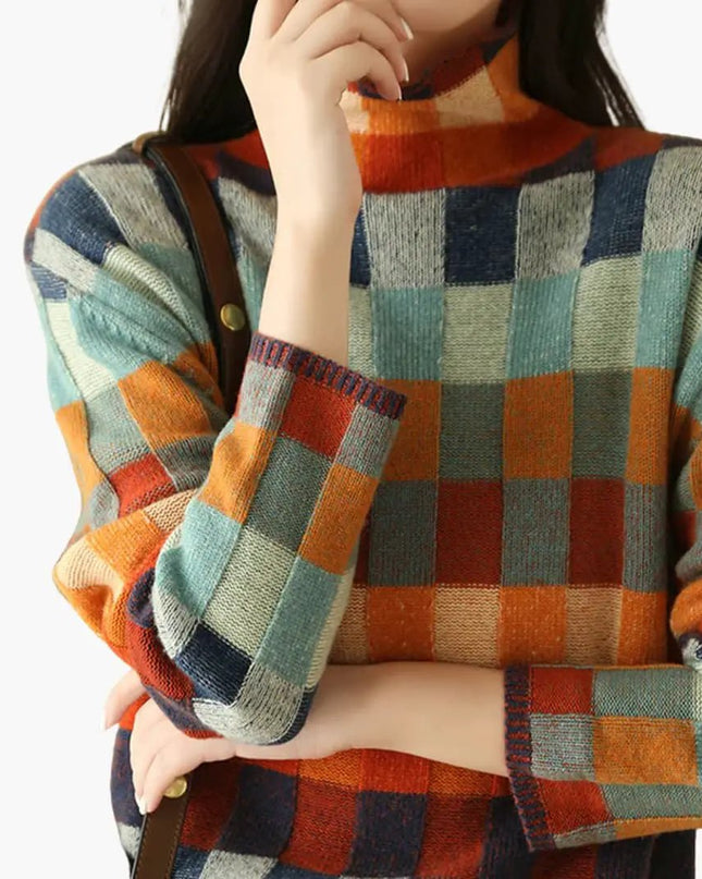 Women's Checkered Knit Turtleneck Sweater with Relaxed Fit