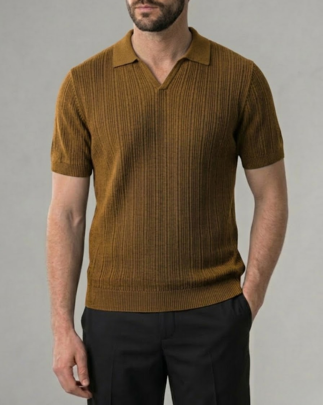 Men’s Ribbed Polo Shirt – Open Collar & Short Sleeve