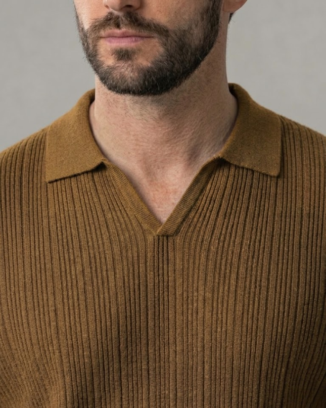 Men’s Ribbed Polo Shirt – Open Collar & Short Sleeve