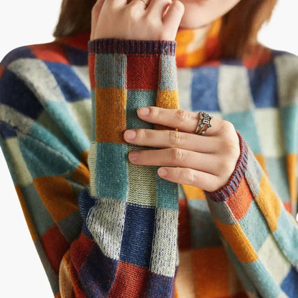 Women's Checkered Knit Turtleneck Sweater with Relaxed Fit