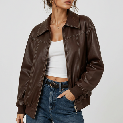 Women's Oversized Jacket with Long Sleeves and Contrast Stitching