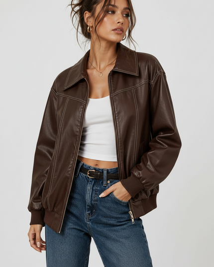 Women's Oversized Jacket with Long Sleeves and Contrast Stitching