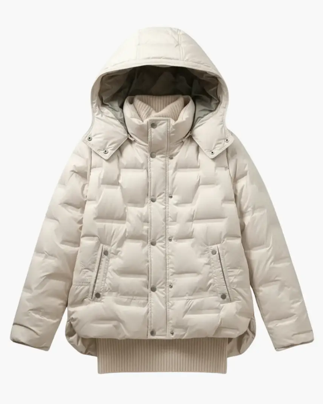 Women’s Hooded Puffer Jacket with Quilted Surface and Front Snap Closure