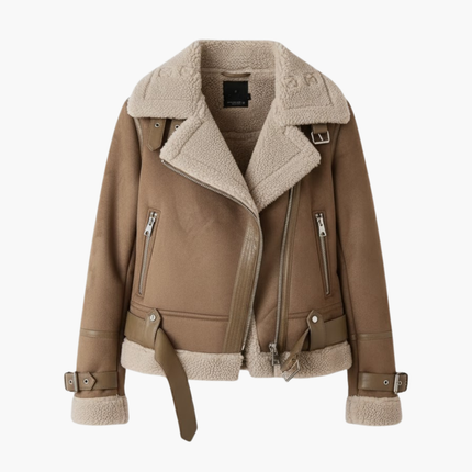 Women’s Zip Jacket with Plush Inner Layer and Adjustable Belt Hem
