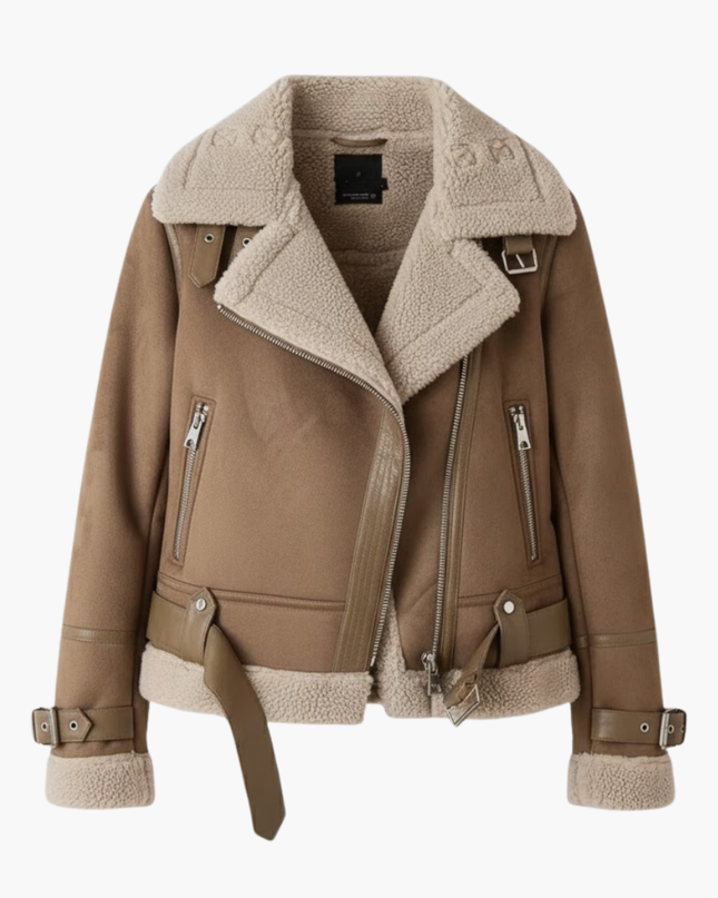 Women’s Zip Jacket with Plush Inner Layer and Adjustable Belt Hem