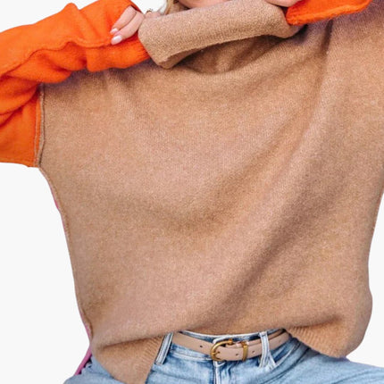 Women's Colorblock Knit Sweater with High Collar