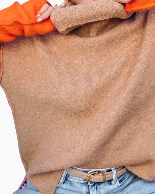 Women's Colorblock Knit Sweater with High Collar