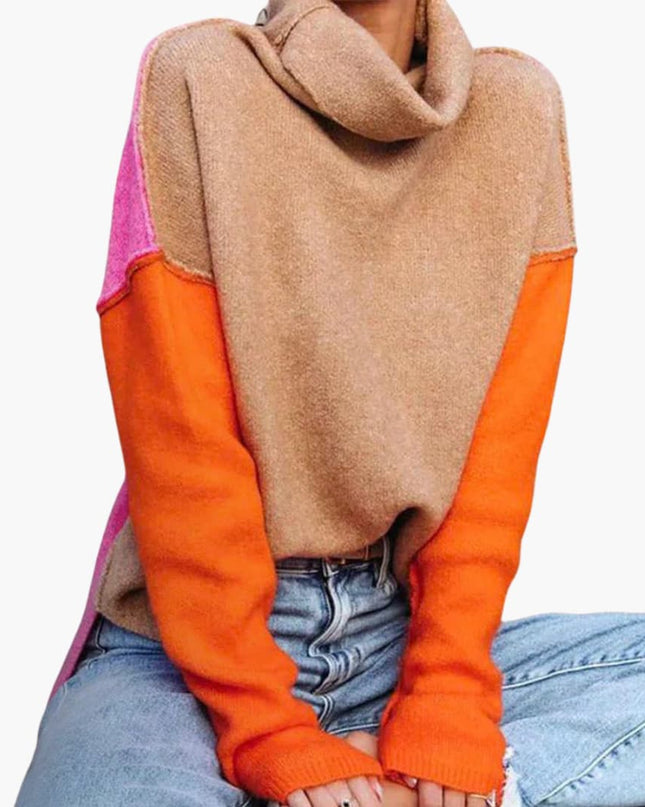 Women's Colorblock Knit Sweater with High Collar