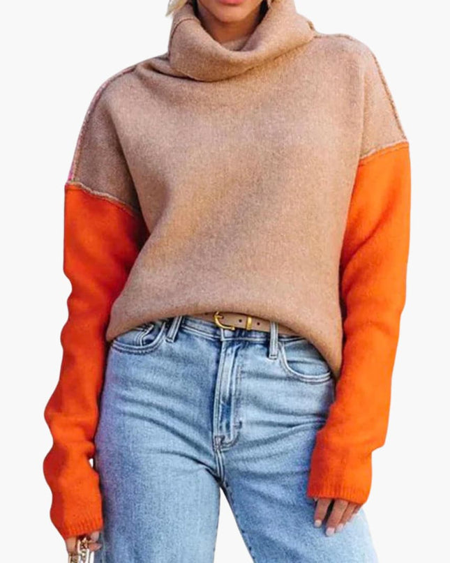Women's Colorblock Knit Sweater with High Collar