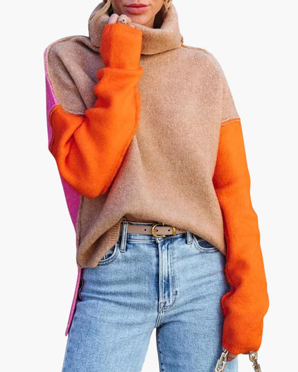 Women's Colorblock Knit Sweater with High Collar